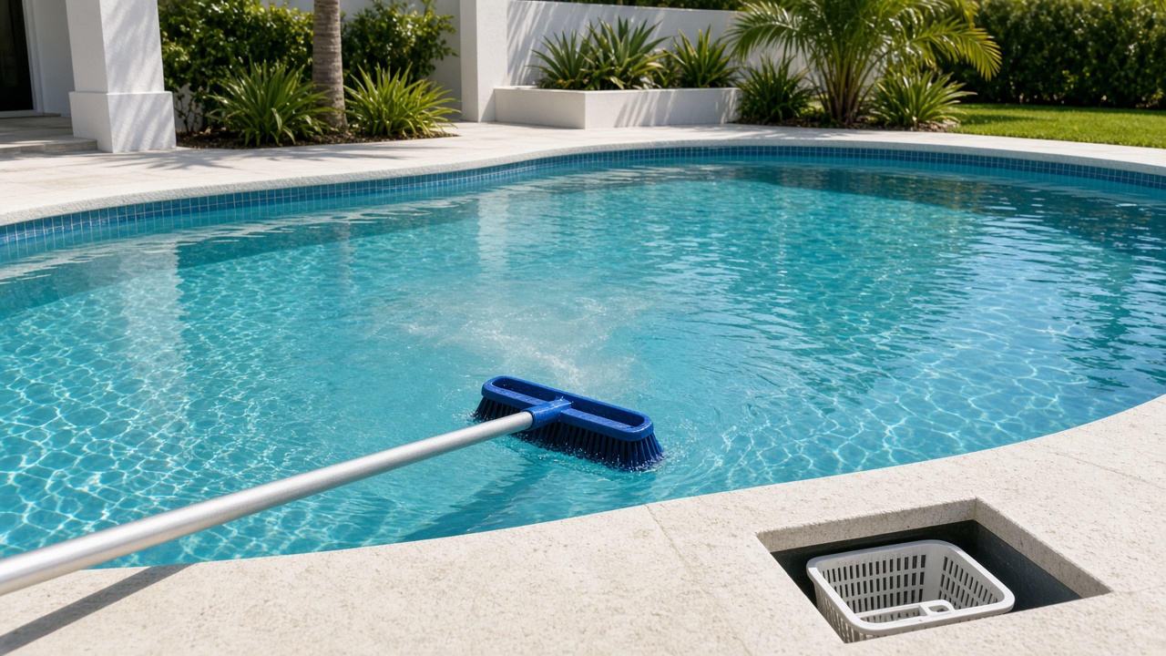 Brushing and skimming a clear residential Florida swimming pool during weekly maintenance